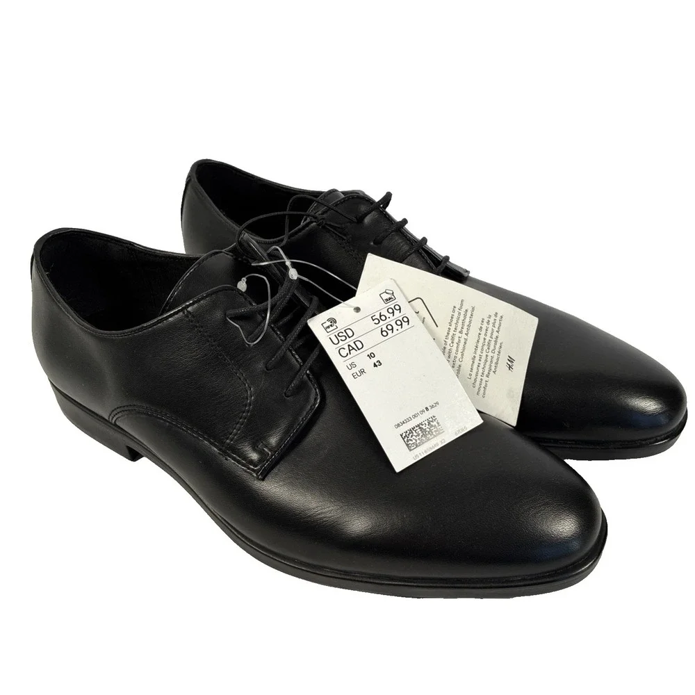 New Mens H&M Black Leather Oxford Pointed Toe Dress Shoes Size 10 NWT
